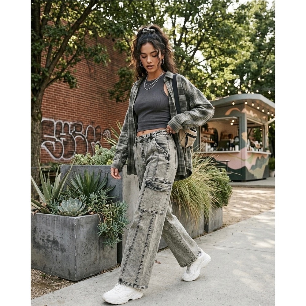 American Bazi Acid Wash Cargo Jeans Grey Wide Leg High Rise RJH-9254 Womens M